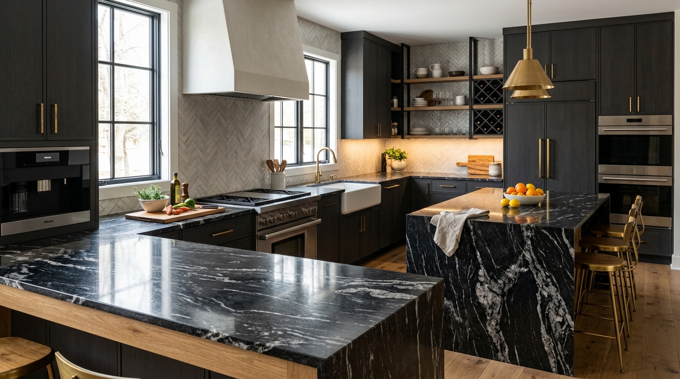 Custom granite and quartz kitchen countertop installed by Granite Countertop Pro in Wilmington Massachusetts
